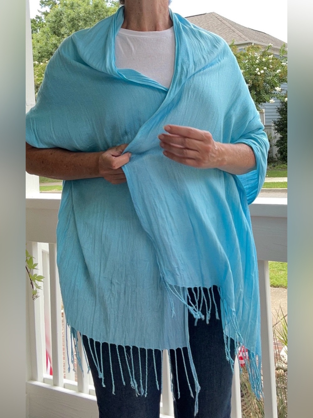 Light Aqua Fringe Scarf | Soft Lightweight Wrap Shawl - Picture 10 of 12